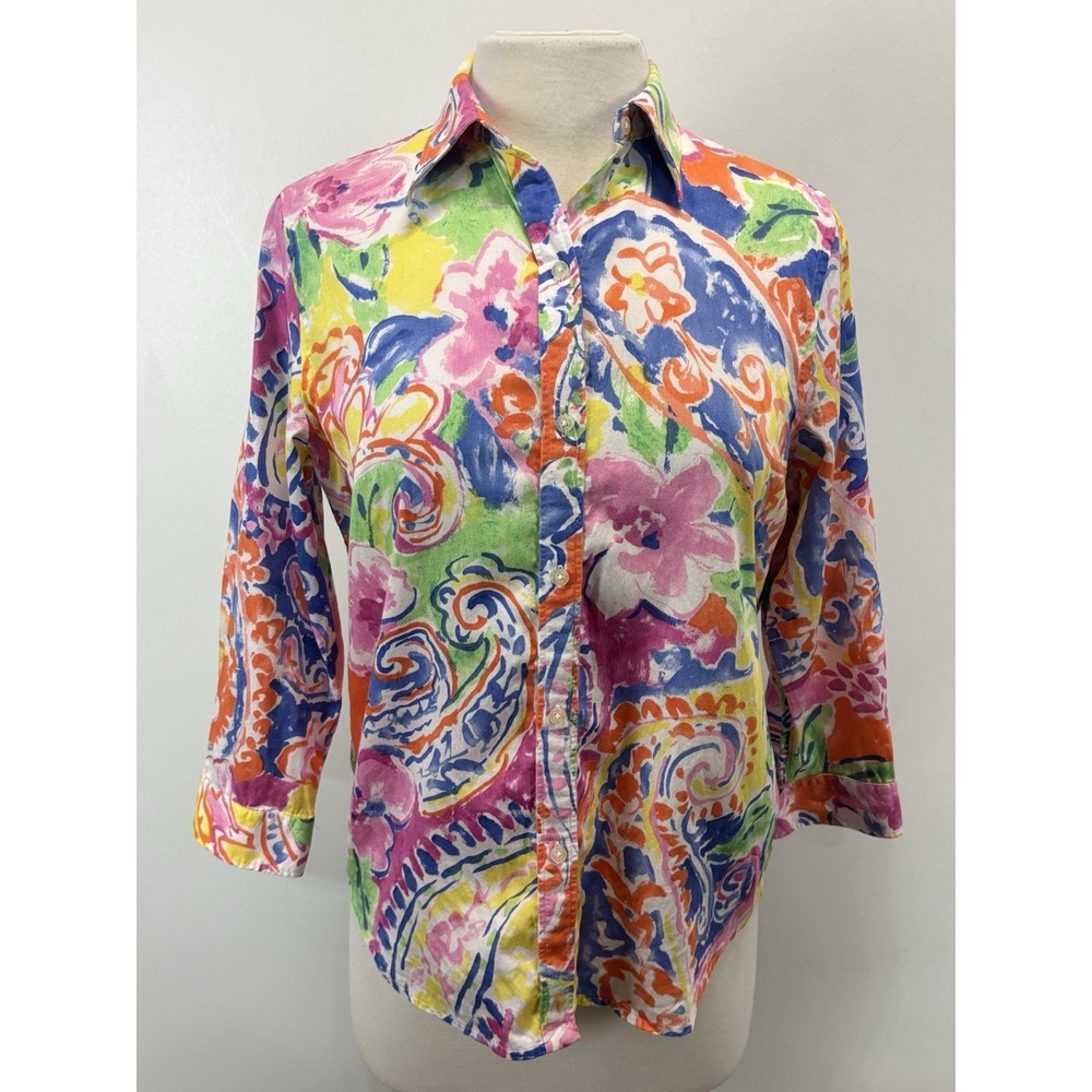 Lauren Ralph Lauren Button Up Shirt Sz Medium Women's Cotton Colorful Print